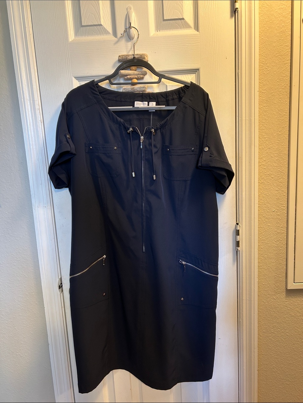 Navy Blue/ Ink Chico’s Zenergy Dress. Front Zip and Pocket Details